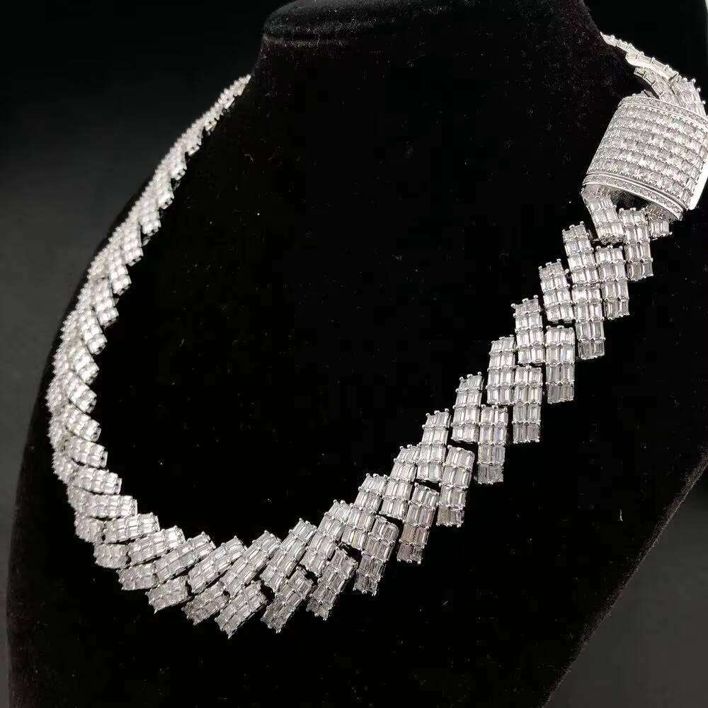 Hip Hop Rapper Jewelry 19Mm Sier Double Row Baguette Moissanite Miami Iced Out Cuban Chain Link Necklace