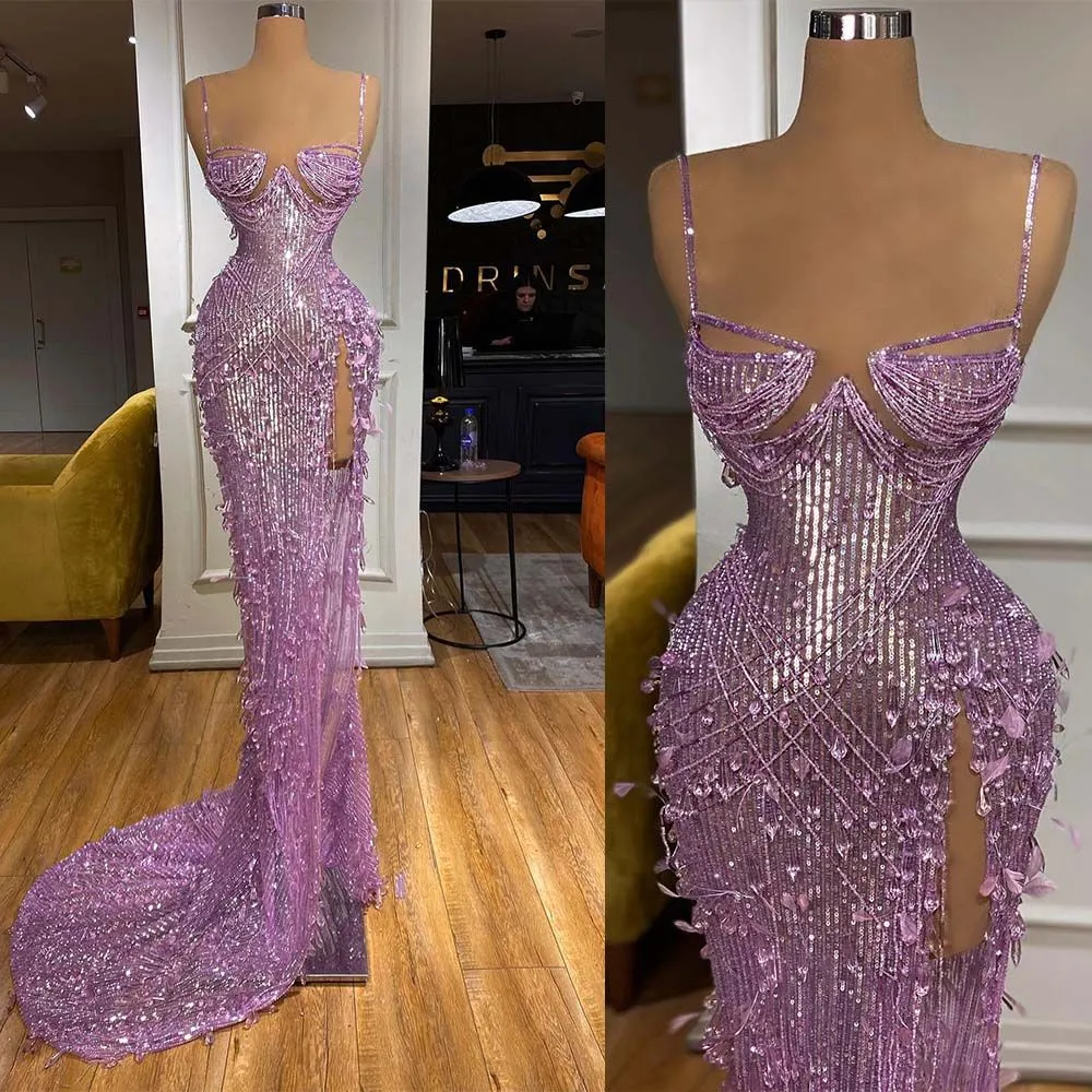 Glitter Sequined Prom Dresses Sexy Spaghetti Straps Side Split Evening Dress Floor Length Appliques Party Gown Customized