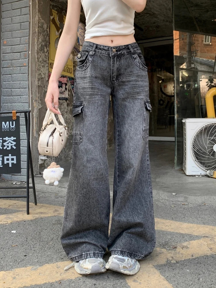Cyber Y2K Streetwear Vintage Black Grey Baggy Flared Cargo Jeans Pants For Women Clothing Kpop Casual Lady Cotton Trousers 250612