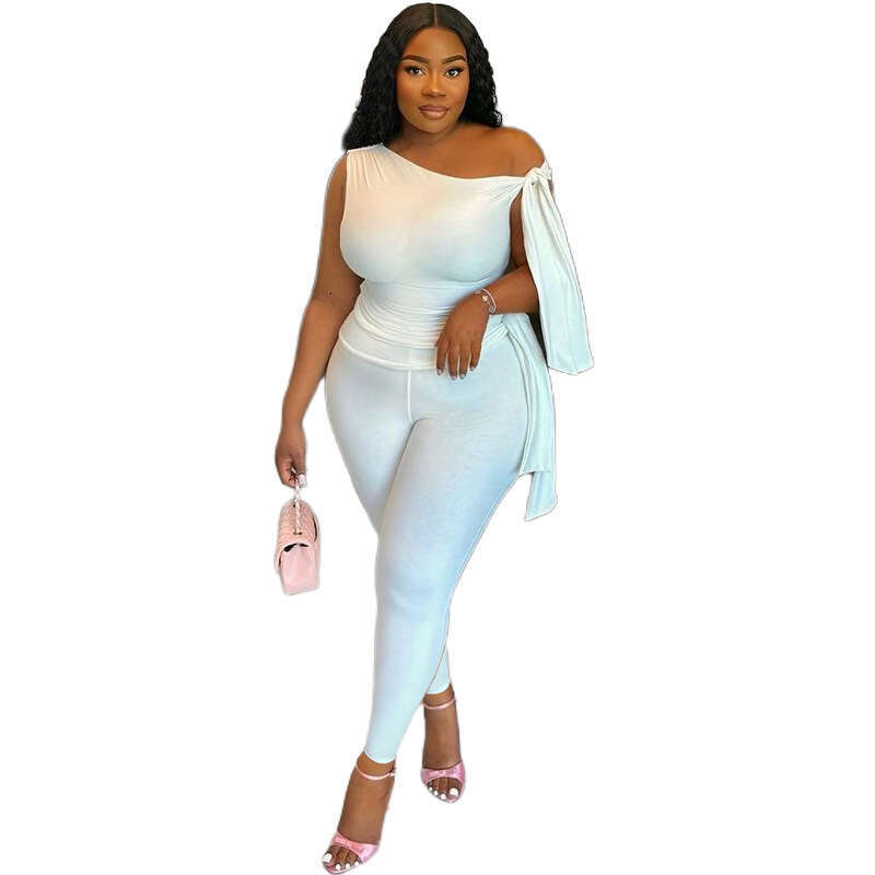 Summer New Women's Fashion Tie Strap Off-Shoulder T-Shirt High-Waisted Bodycon Casual Pants Set For Women B5