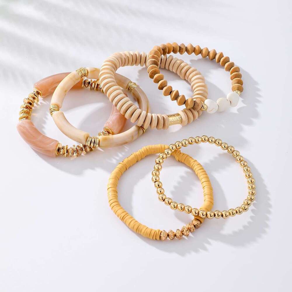 Simple Beaded Bangles Bracelet Chunky Bamboo Tube Curved Stacking Clear Acrylic Colorful Beads Stretchable Gold Bracelets Set For Women