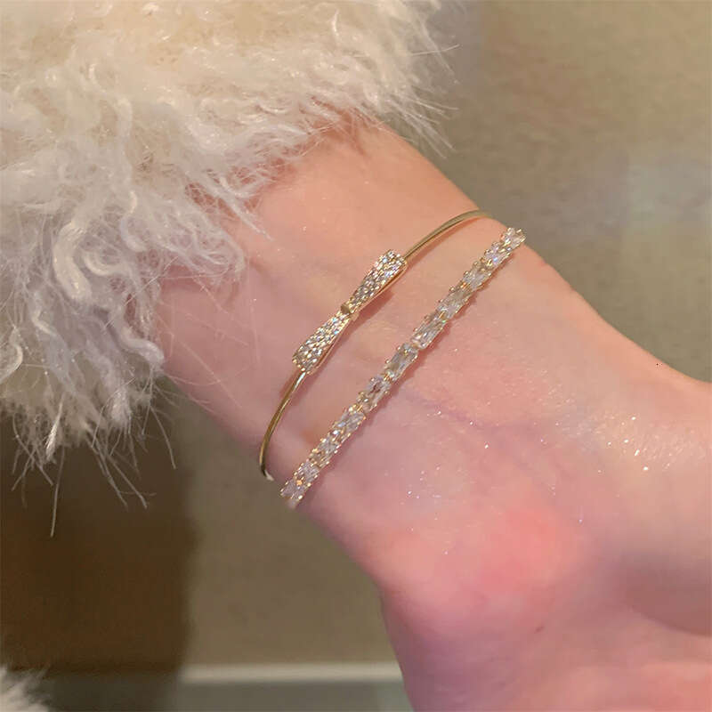 Luxury Jewelry Designer Bracelet Korean Style Zircon Double Layer Bowknot Square Bracelet Exquisite Hand Ring Light High-end Sense Jewelry