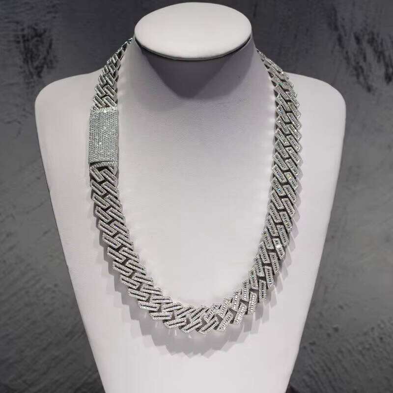 Hip Hop Men 20Mm Width Baguette Three-Row Moissanite Miami Full Iced Out Cuban Link Chain Necklace