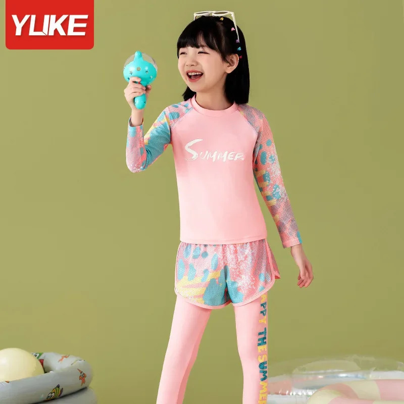 Childrens Two-Piece Swimsuit Long Sleeve Thermal Summer Swimming Costume Girls Bathing Suit with Pants for Kids And Tweens 250614