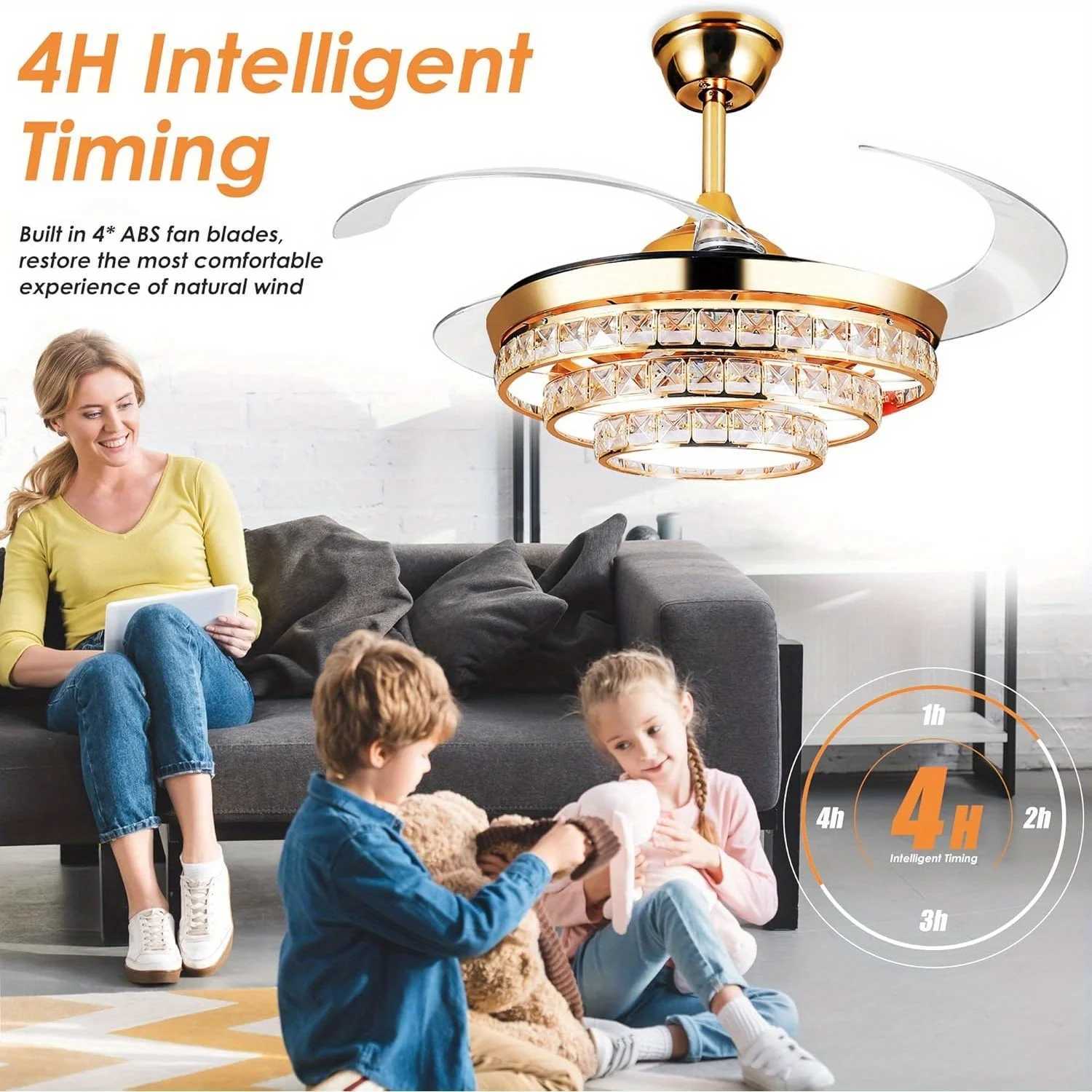 42 Gold Crystal Ceiling Fans with Lights Modern Ceiling Fan Lights 4-Blade Retractable LED Crystal Chandelier Fan Light W250613