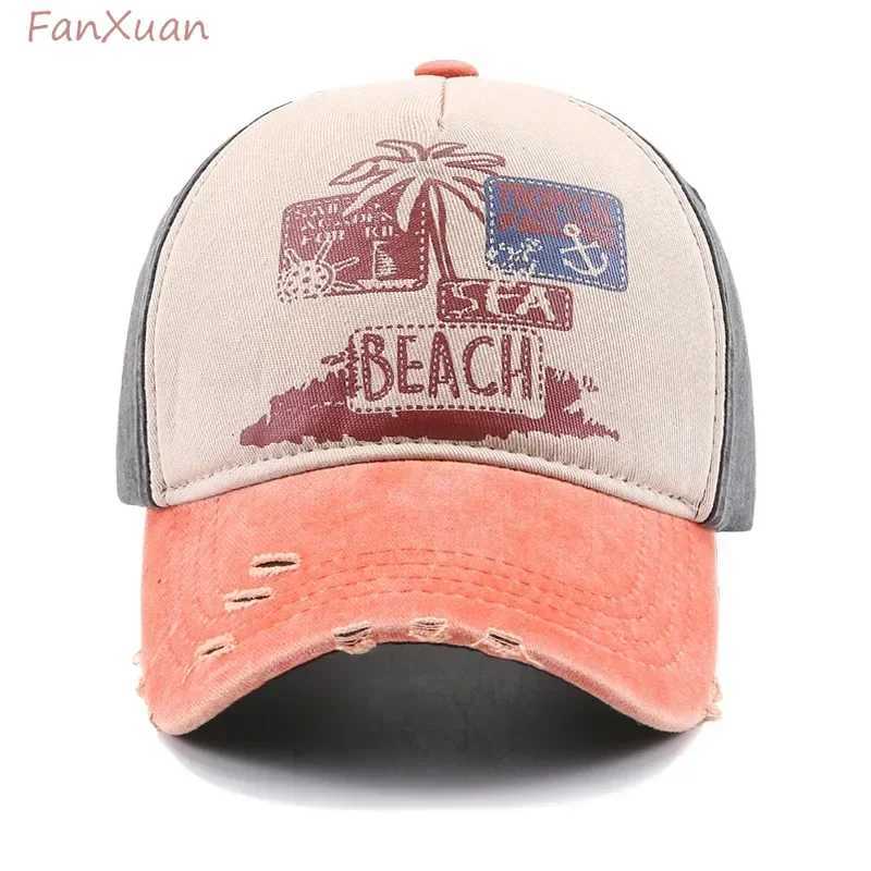Mens Cap Summer Beach Sun Hat Women Adjustable Washed Cotton Retro Ripped Baseball Cap Fashion Printing Hip Hop Snapback Hats W250614