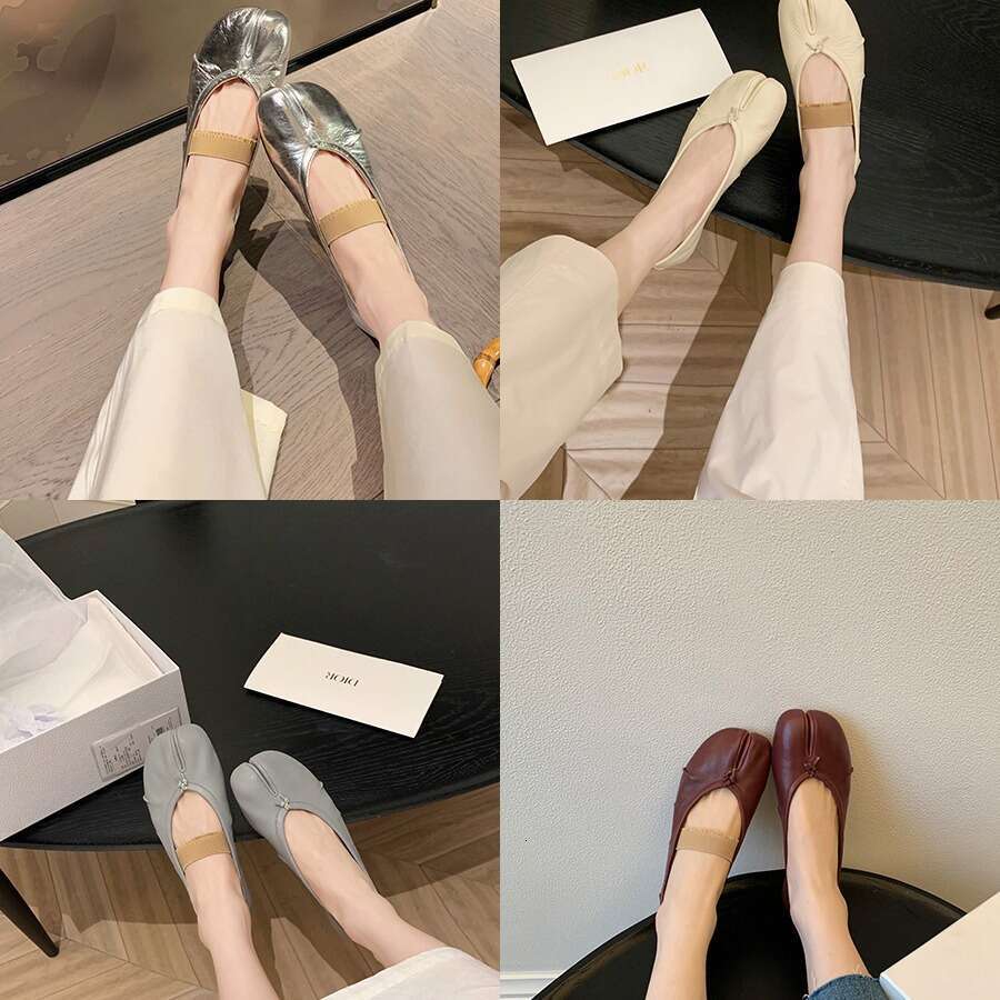 Grape Mom Studiolee Fashionable Shallow Soft Sole Sheepskin Flat to Match Skirts Pig Hoof Split Toe Women's Shoes