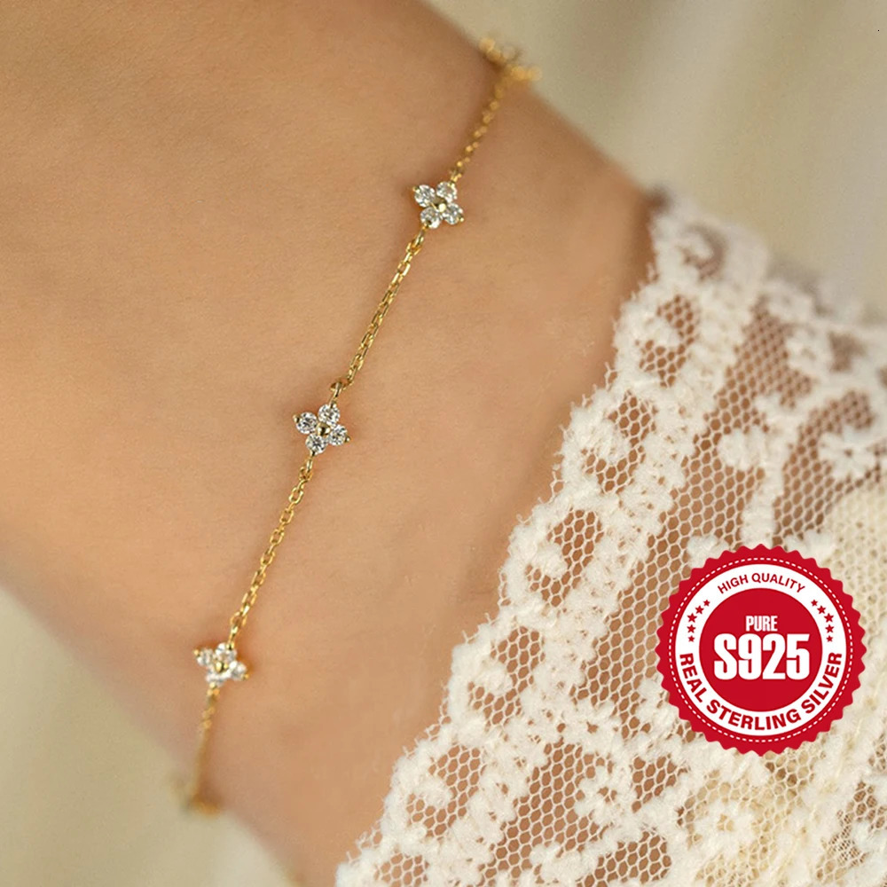 CANNER Real S925 Sterling Silver Mini Zircon Flower Pendant Bracelet Chain for Womens Fine Jewelry Gifts Gold Bracelets Bangles 250610