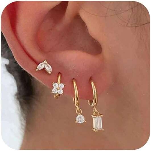 ty Stud 14K Gold Plated CZ Hie Hoop Set Small Dangle Earrings Cute Cartilage Earring Sets for Multiple Piercing Jewelry Gifts
