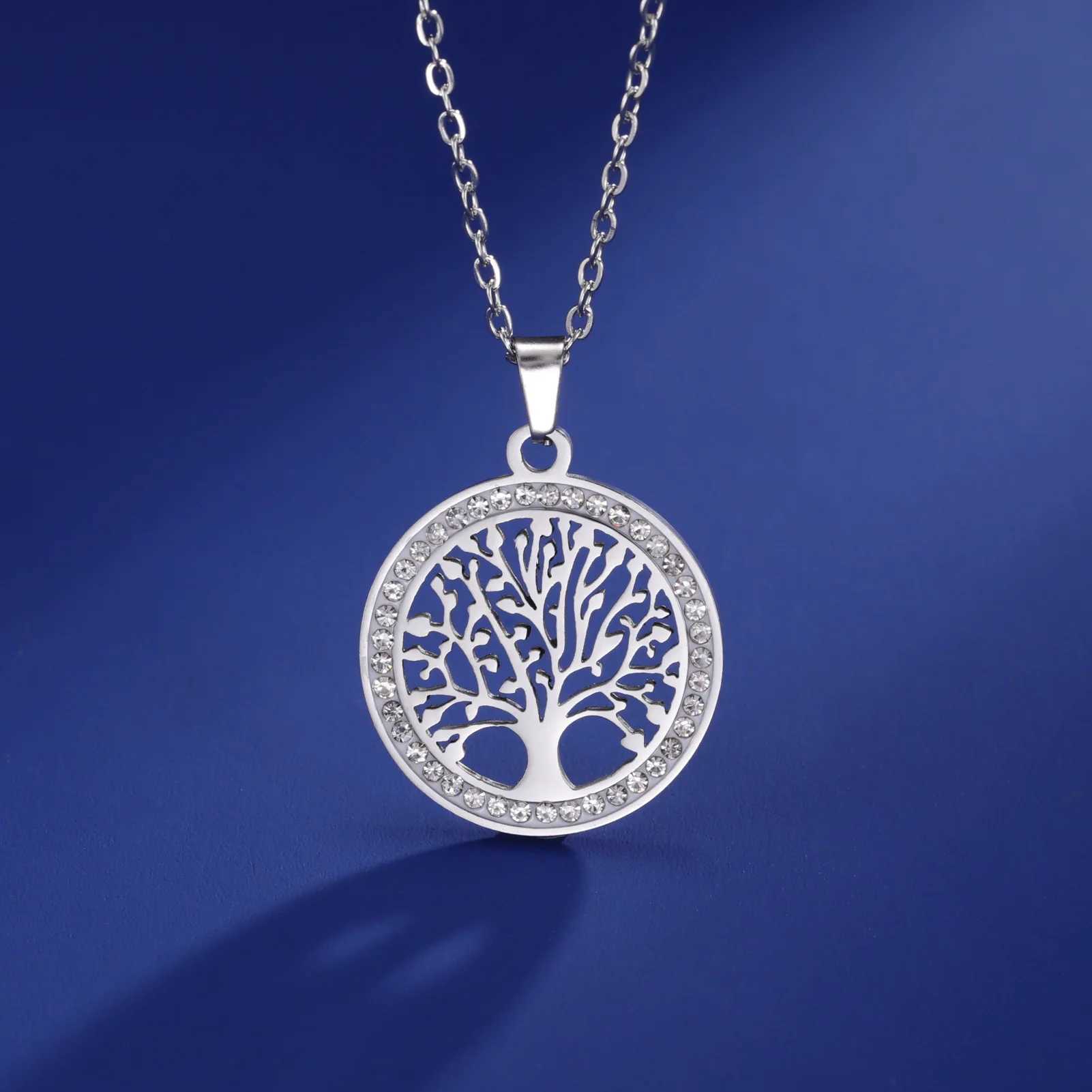 Womens Stainless Steel Gold-Color Tree of Life Necklace with Clear Zircon round Pendant Luxury Jewelry Gift for Weddings Z250614