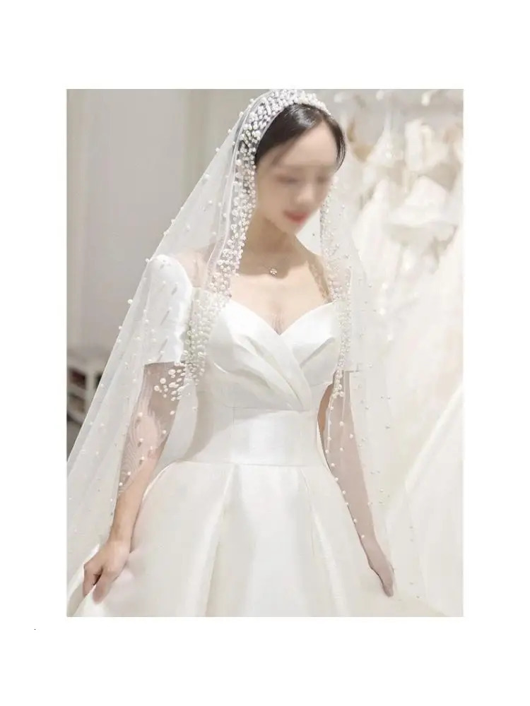 Romantic Trailing Cathedral Wedding Veil One-Layer Pearl Beading Headpiece 250603