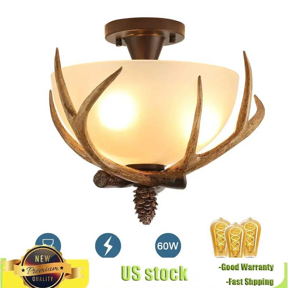 Bymaocar Antler Glass Semi Flush Mount 3-light Fixture Ceiling Lighting European Bronze Pendant Lamp Off-white Glass Lampshade XJ2500613