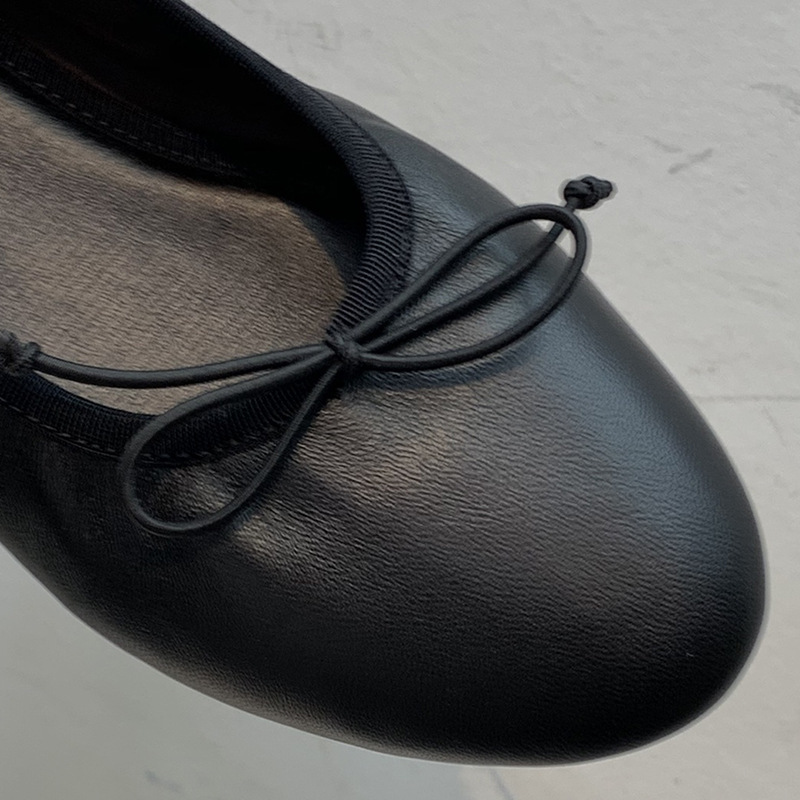 Ddmysheep Ddmysheep Autumn Winter Row Elastic Flat Ballet For Women Genuine Leather Round Toe Versatile Comfortable Bowknot Slip On Grandma Shoes