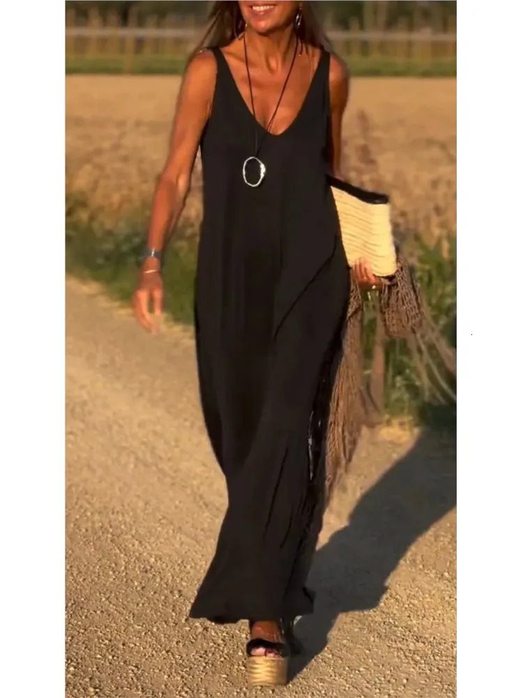 Summer Womens Fashion Solid Color Sexy Vneck Sleeveless Strap Casual Loose Long Ankle Dress 250611