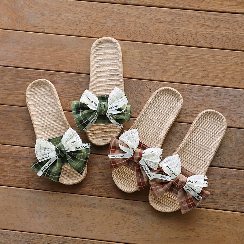 Fashion new bow shoes, home cotton and linen women's slippers, summer indoor thick soled designer sandals, women's beach sandals