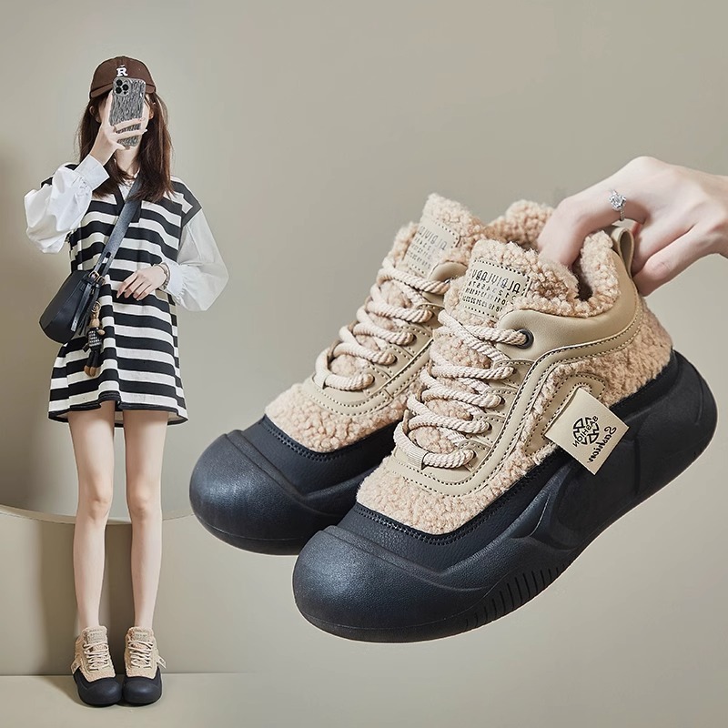 Ddmysports Lamb Wool For Women New Thick Soled Loafers British Style Height Increasing Fleece Lined Cotton Shoes Outdoor Shoes