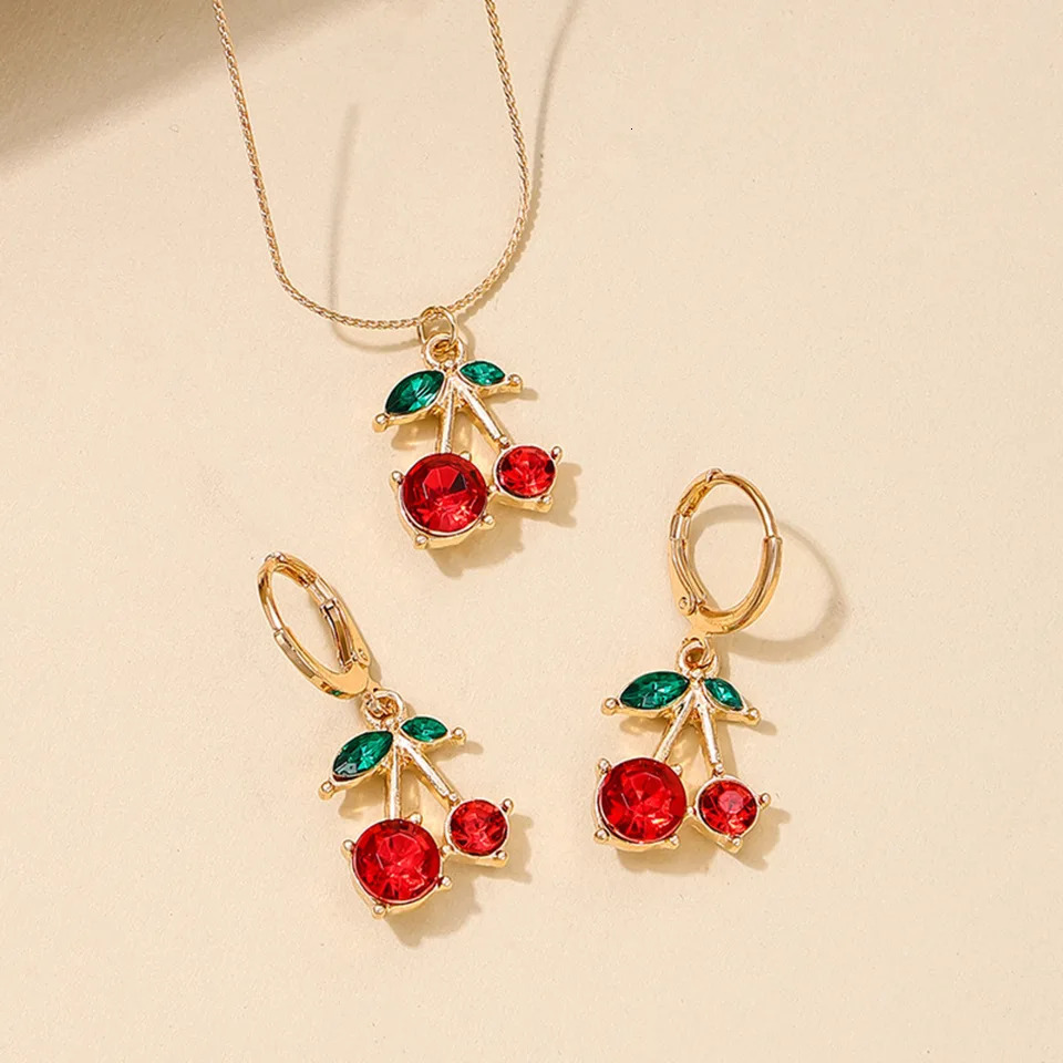 3PCS Cute Cherry Jewelry Set Hypoallergenic Necklace and Eearrings Daily Gift for Women 250609