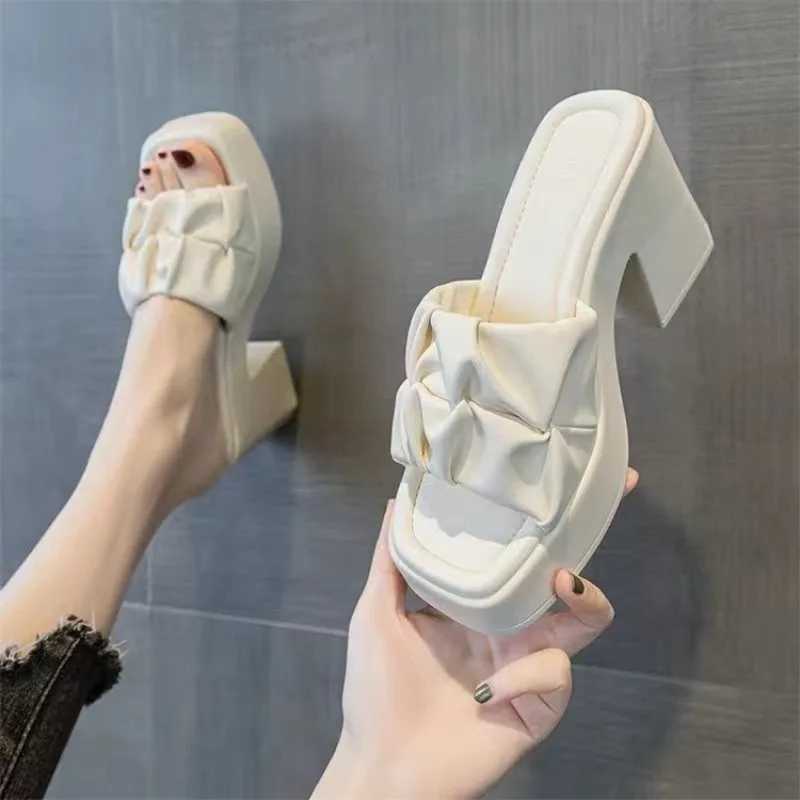Summer High-heeled Casual Women Fish Mouth Shoes Ladies Shoes on Sale 2024 Fashion New Square Toe Anti-wrinkle Womens Slippers Z250614