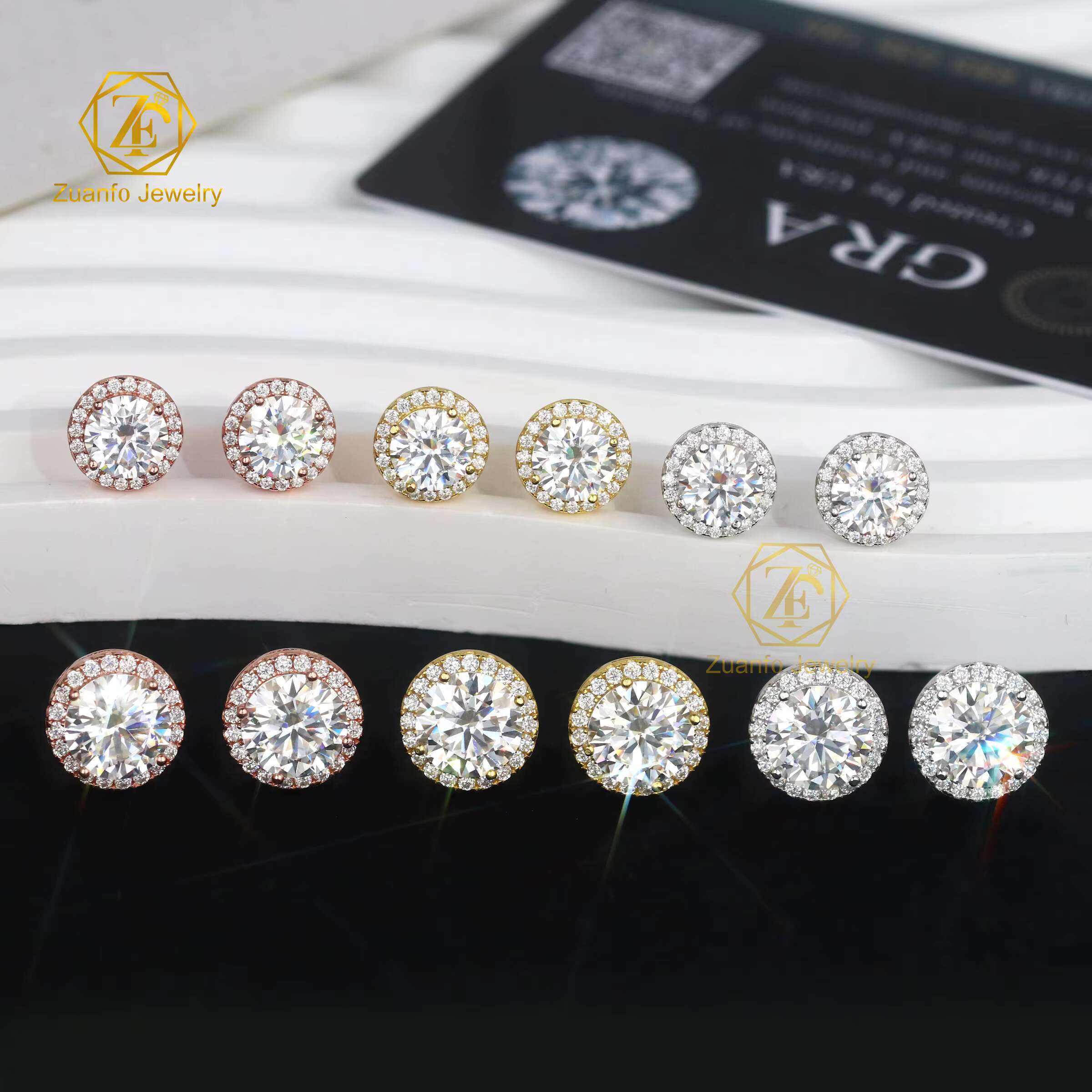 Wholesale Factory Price 5mm 6.5mm 8mm D VVS1 Moissanite Halo Round Earrings 925 Sterling Silver for Men and Women