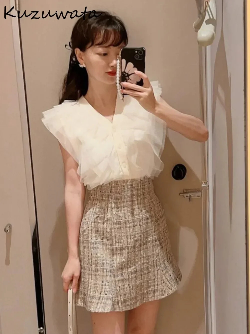 Kuzuwata Sweet V Neck Sleeveless Patchwork Jumper Knit Voile Single Breasted Allmatch Cardigan Japanese Fresh Ruffles Sweaters 250612