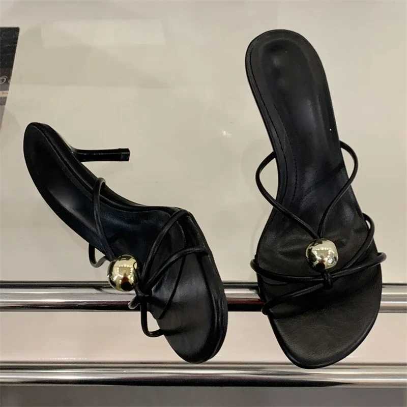 Aneikeh Design Narrow Band Hollow Out Thin Low Heels Women Slippers Fashion Round Head Stripper Party Dress Female Summer Shoes Z250614