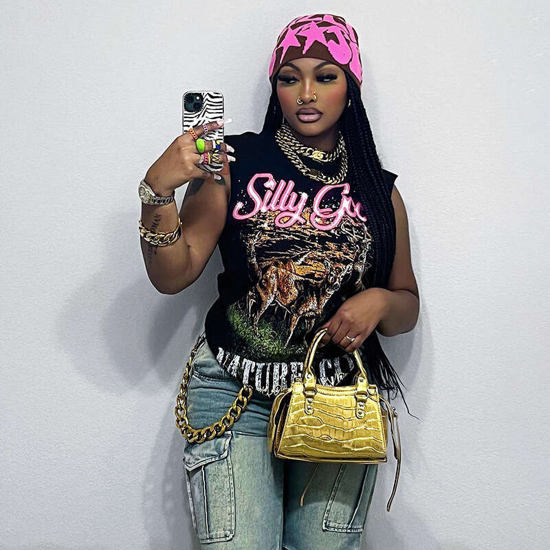 Trendy Street Style Printed Tank T-Shirt Autumn New Loose Plus Size Women's Top B5