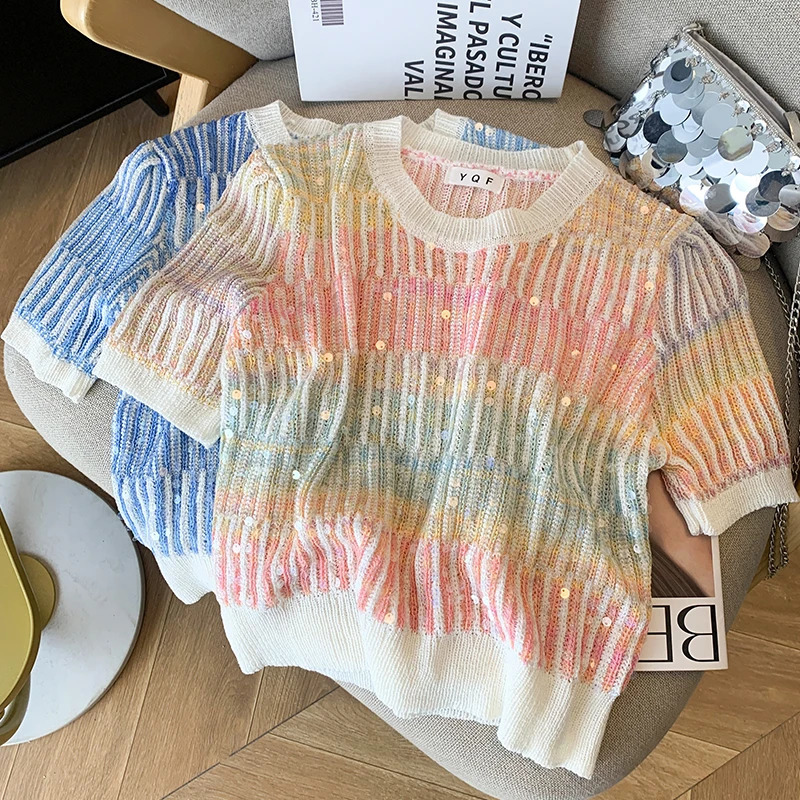Summer Womens Sweater Sequins Striped Slim Knit Pullovers Tshirts Crop Tops Stylish Chic Fashion Short Sleeve Oneck Jumpers 250612
