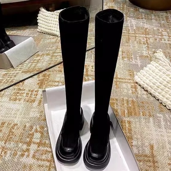Ddmysports Autumn Winter New Thick Sole Height Increasing Elastic Slim Women Black Sock Petite Mid Calf High Long Boots Outdoor Shoes