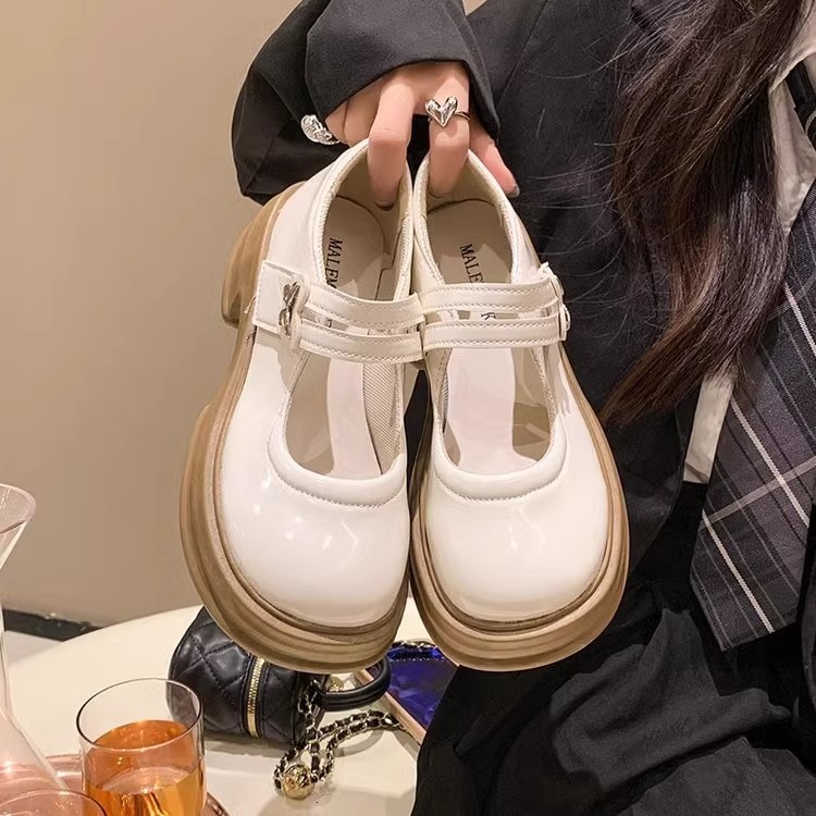 Ddmysports White Pearl Small Leather For Women Summer Shallow Mouth Versatile College Style Thick Sole Round Toe Mary Jane Shoes Outdoor Shoes