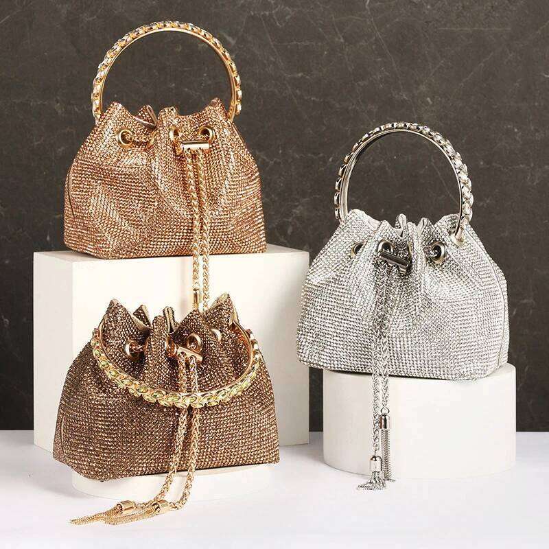 Designed Rhinestone Handbag Bling Handbags Women Brand PU Leather Metal Totes Modern Dia Top Handle Drawstring Bag