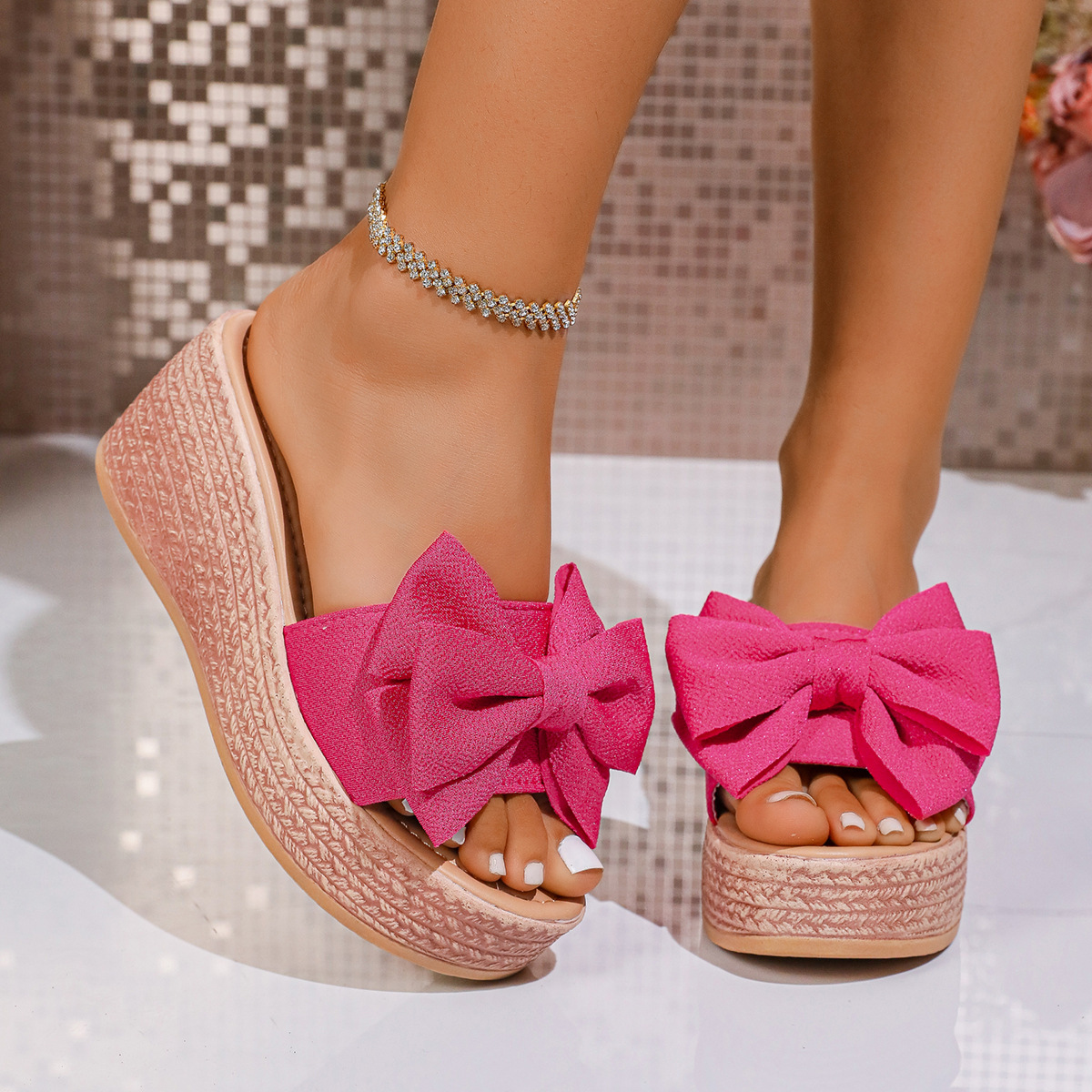 New plus size wedge bow shoes for women's foreign trade fabric thick soled beach sandals designer shoes for women's sandals