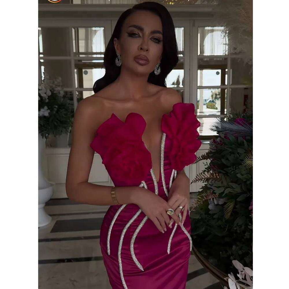 Women Celebrity Sexy Strapless Backless Beading Dias Pink Maxi Long Bandage Elegant Evening Club Party Dress