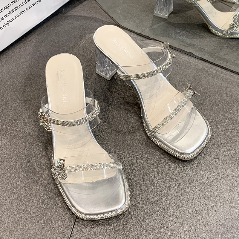 Ddmysports Fairy Style Crystal Chunky Heel For Women Outdoor Summer New Stunning Transparent Rhinestone Elegant One Strap Slippers Outdoor Shoes
