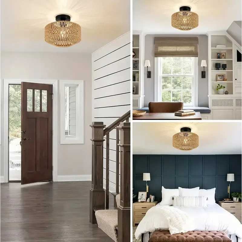 Ceiling Lights Rattan Chandelier Light Fixture Hand Woven Fixture Flush Mount For Hallway Bedroom Kitchen Entrance Living Room XJ2500613