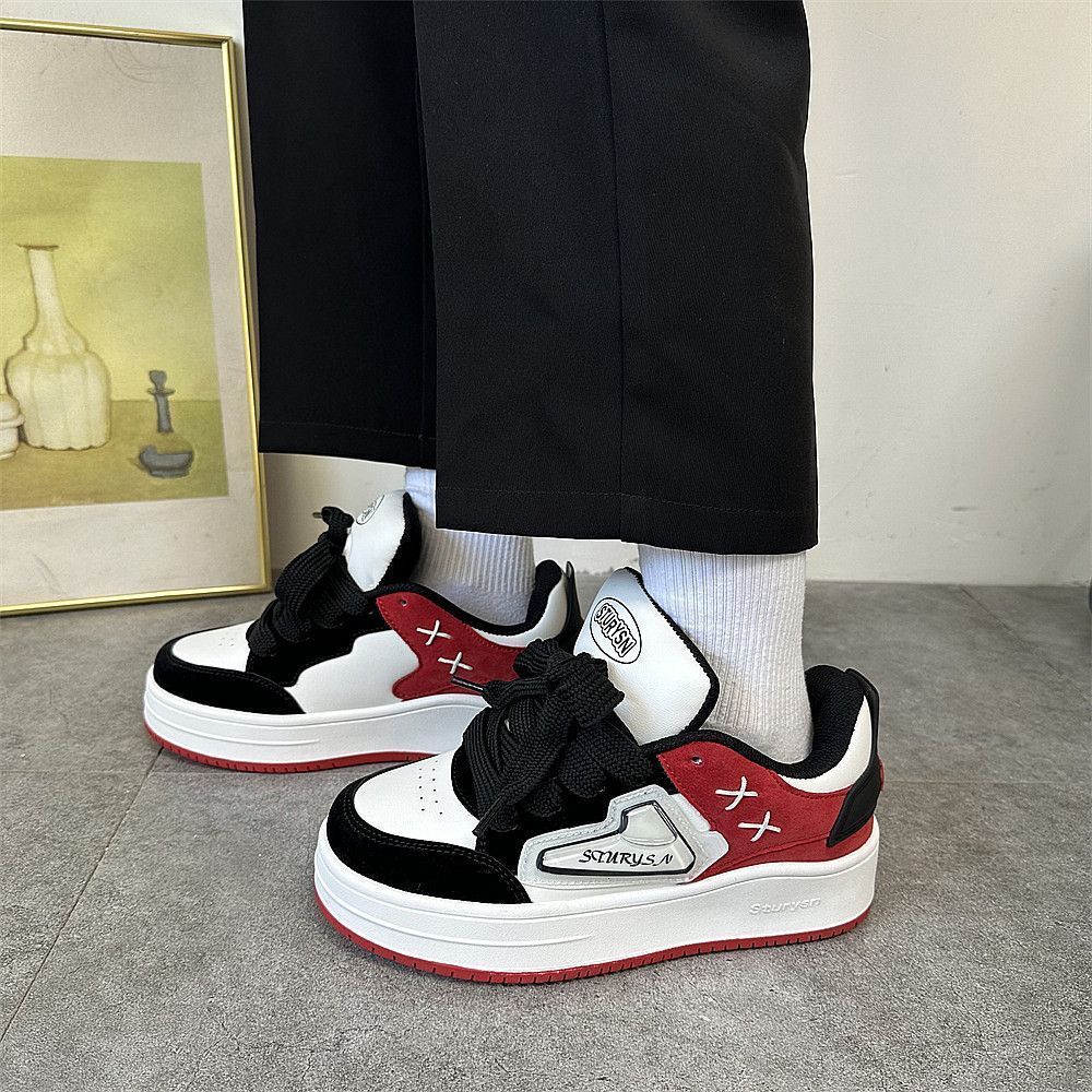 Ddmysports Korean Style Black Red Color Block Thick Sole Bread For Men And Women Ins Trend Couple Versatile Casual Sports Skate Shoes Outdoor Shoes