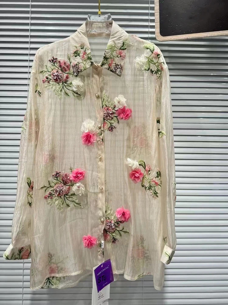 Woman Diamonds Beaded 3D Flowers ed Chiffon Shirt Floral Crystal Net Yarn Blouses Sun Protection Gauze Rhinestones Tops 250611