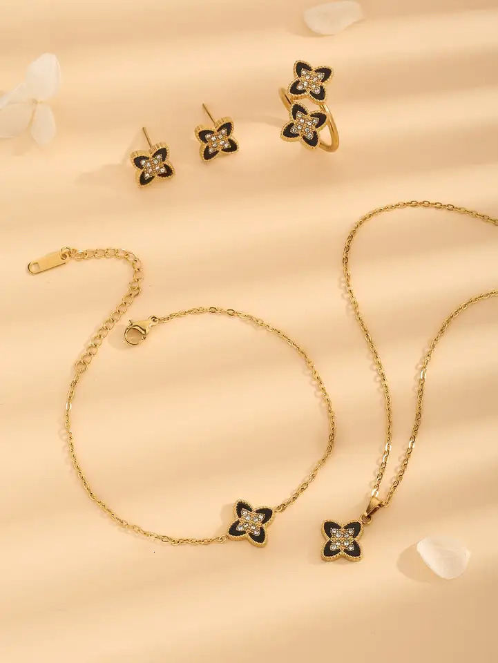 5pcs Stylish And Versatile Personalized Stainless Steel Necklace Bracelet Ring Earring Jewelry Set Flower With Rhinestone 250609