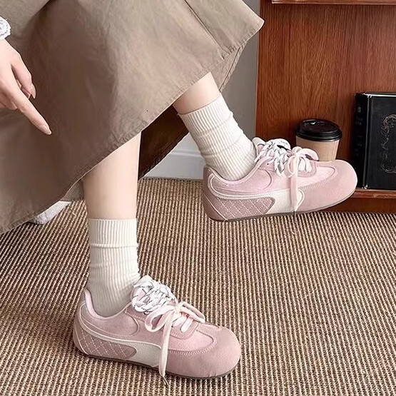 Ddmysports Cute Pink German Training For Women Spring New Two Tone Shoelaces Puff Bread Casual Agan Shoes Outdoor Shoes