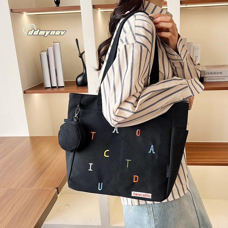 Design Embroidered Letter Versatile Commuter Canvas Tote Bag Casual Literary Student Shoulder Handbag ddmynov