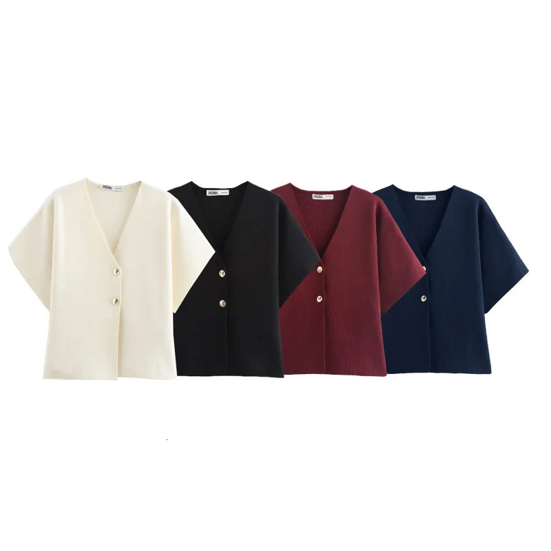 Plain knit shortsleeved cardigan for women traf With metal buttons decoration Vneck and loose short sleeve n 250612