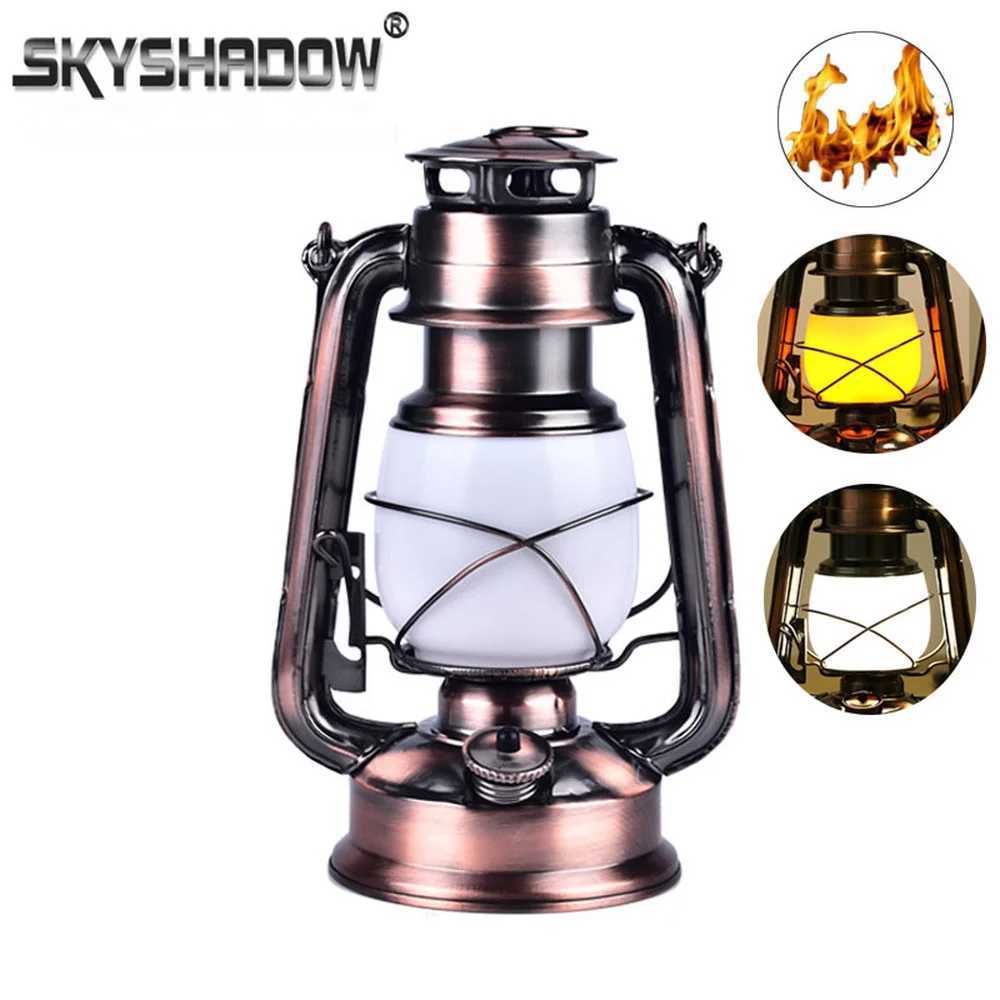 Vintage Camping Lantern LED Flame Light Battery Rechargeable USB Portable Hanger Fishing Lamp Dimming For Outdoor Garden Tent W250613