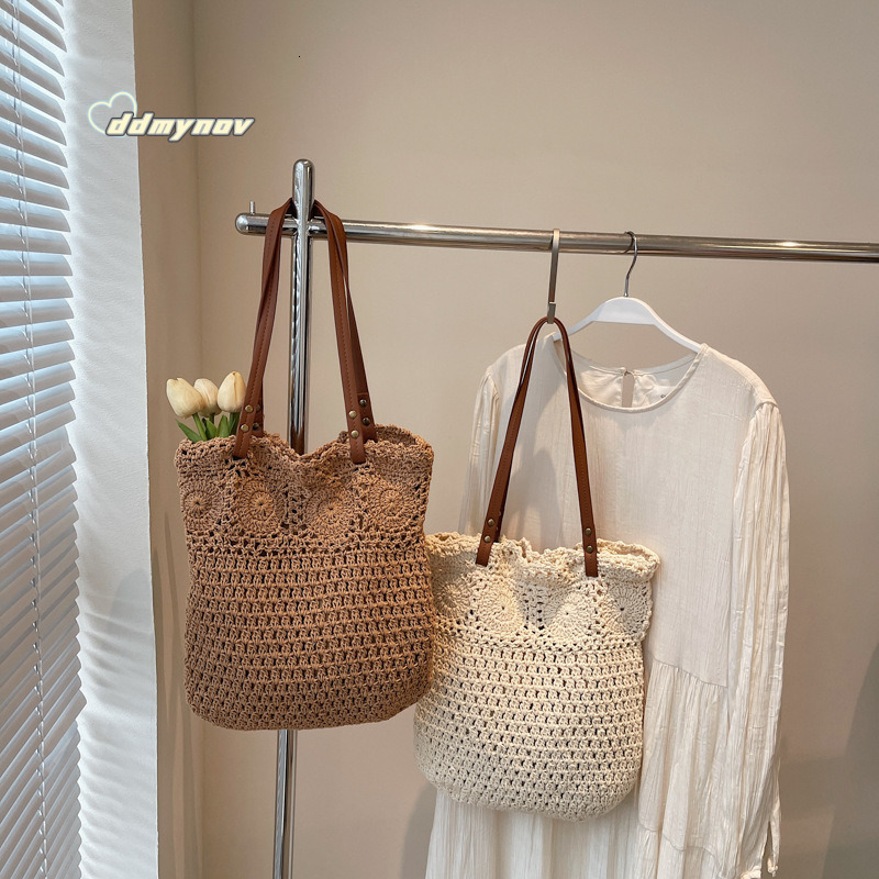 2025 New Beach Vacation Tote Single Shoulder Handbag Large Capacity Woven Straw Knitted Women's Bag ddmynov