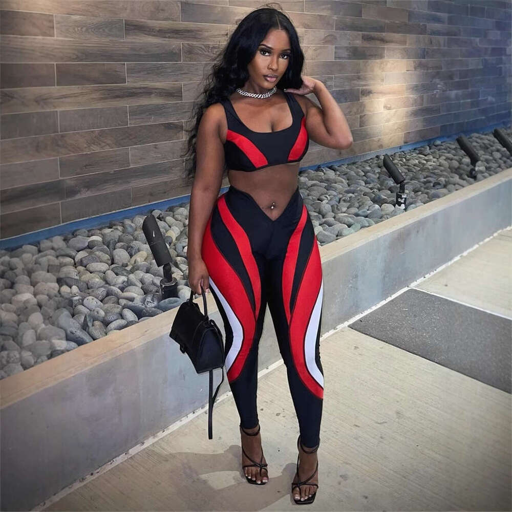 Autumn New Slim Sexy Street Biker Color-Block Short Vest Top And Pants Set B5