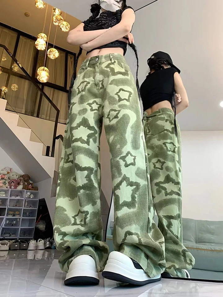 Vintage Green Star Jeans Women Camouflage Harajuku Streetwear High Street Trousers American Y2K Casual Baggy Denim Pants Z260313