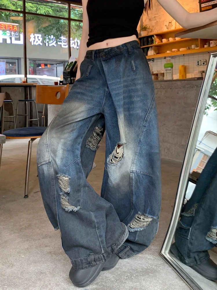 Y2K Clothing Grunge Dirty Washed Blue Old Baggy Stacked Ripped Jeans Pants For Women Wide Leg Punk Lady Denim Trousers 250612