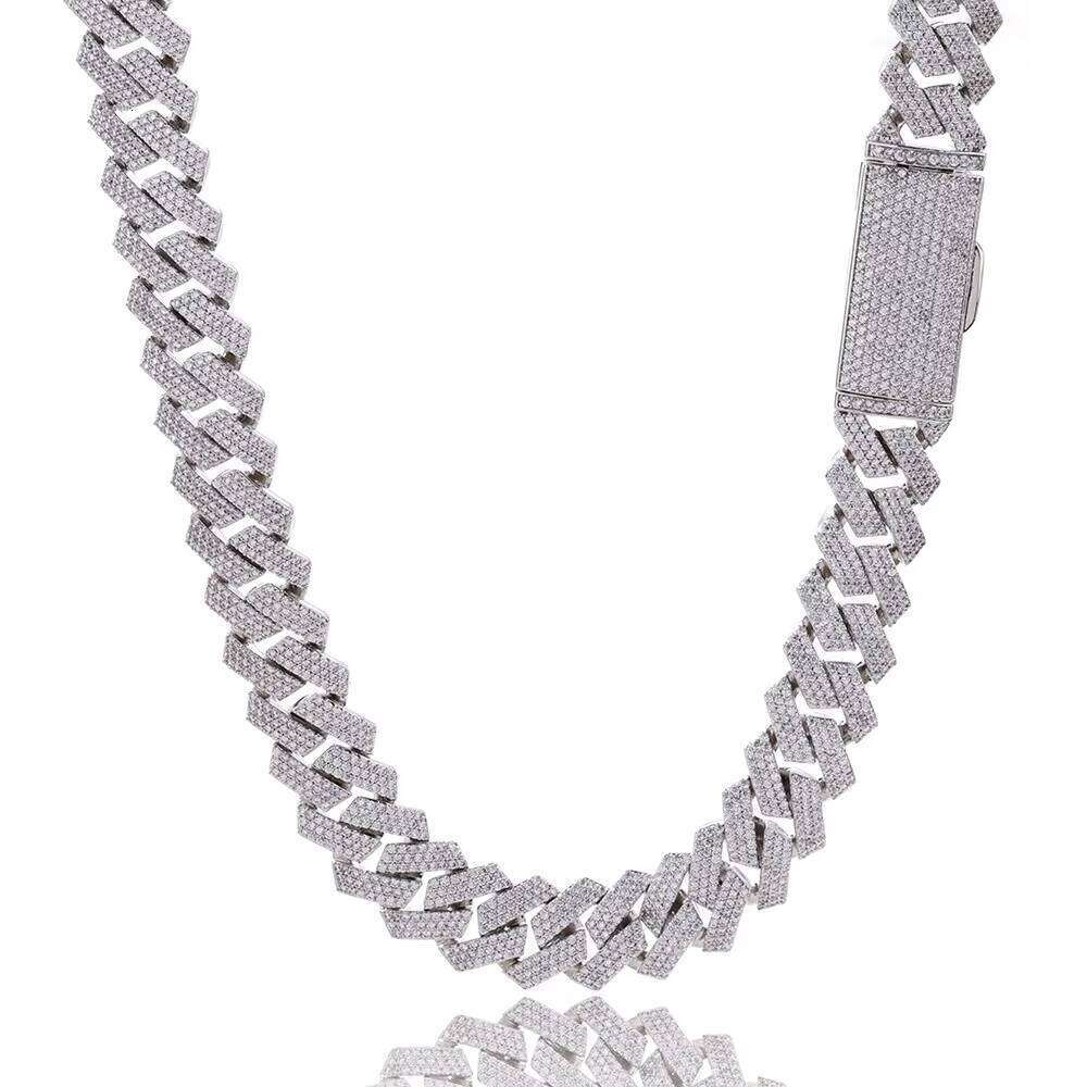 S Mens Sier Stone Necklace Three Rows Full Hip-Hop Dia Cuban Chain
