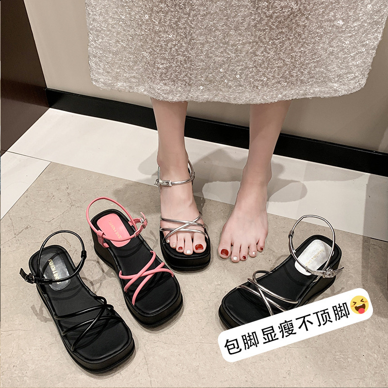 Ddmyoutdoor Trendy One Strap For Women Summer New Korean Style Wedge Thick Soled Platform Sandals Cross Square Toe Shoes Outdoor Shoes