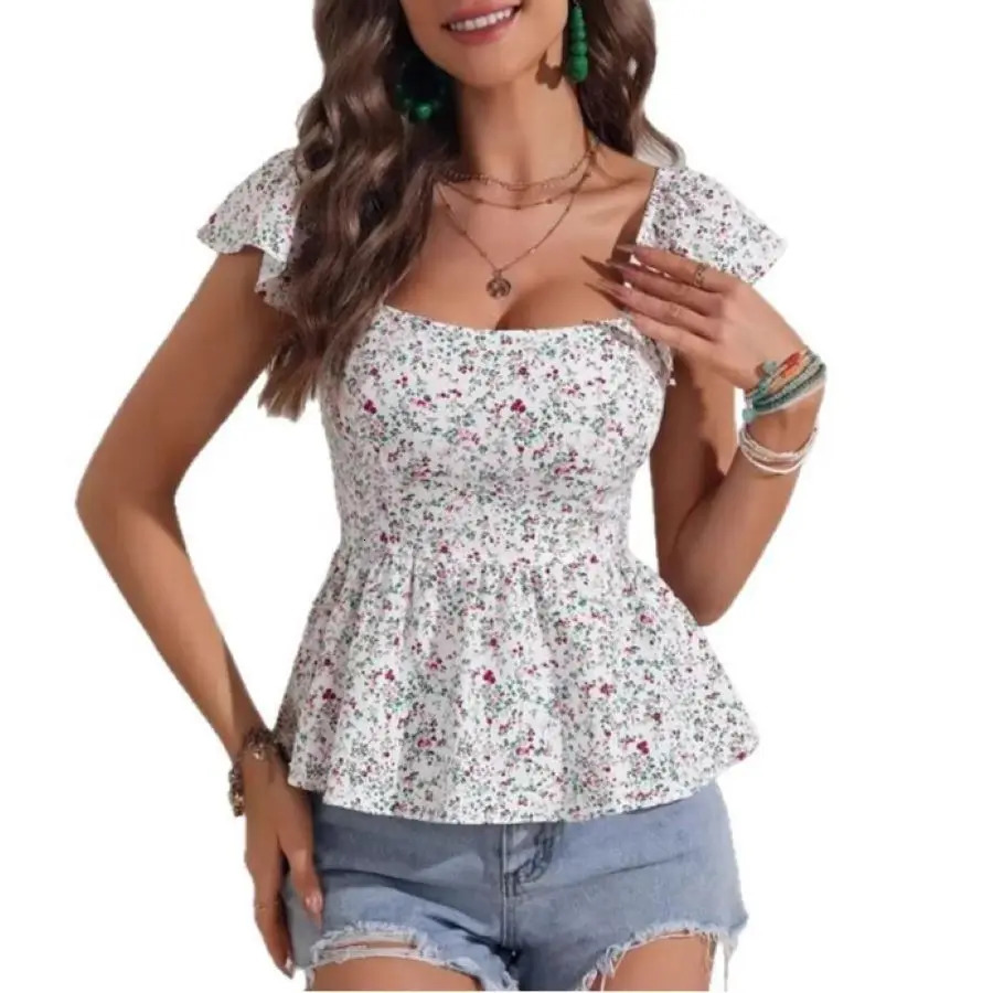 Ladies Summer Floral Laceup Square Neck Slim Fit Vacation Style Highend Sense Shirt Top 250614