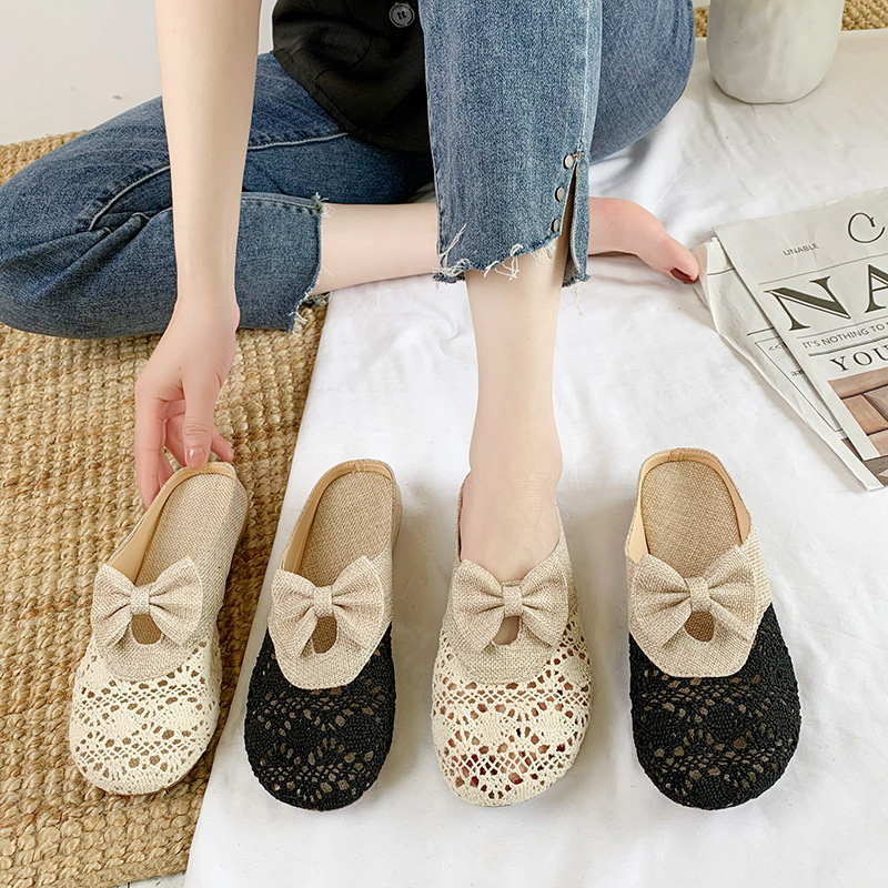 Ddmyoutdoor Women S New Summer Versatile Outdoor Mesh Breathable Non Slip Linen Cotton Closed Toe Half Slippers Cool Sandals For Outdoor Shoes