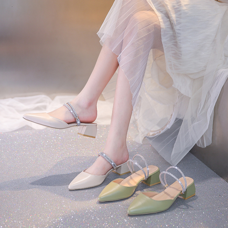 Ddmyoutdoor New Spring Summer Closed Toe Sandals For Women Mid Heel Chunky Fairy Style Fashion Rhinestone Two Way Wear Slippers S Shoes Outdoor Shoes